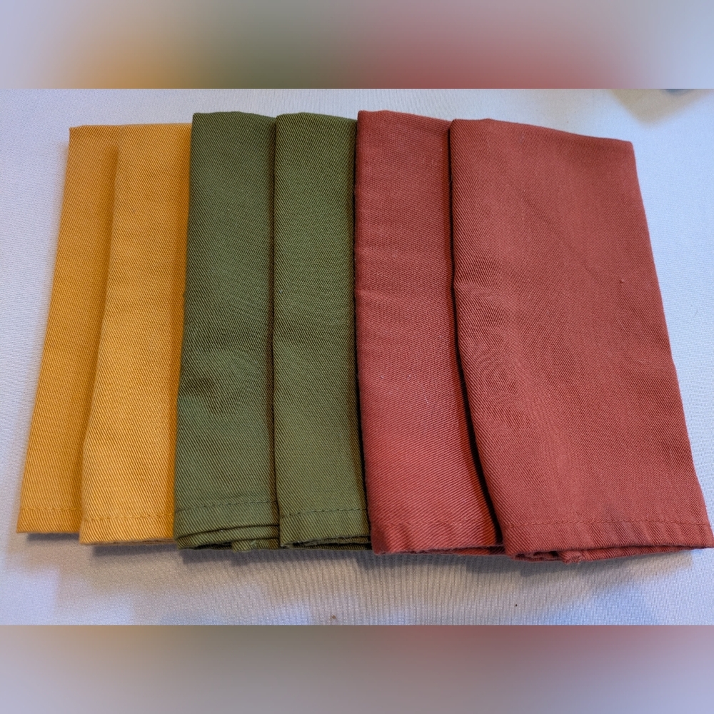 Set of 6 Solid Fabric Napkins - Mustard, Olive, Terracotta. 15"